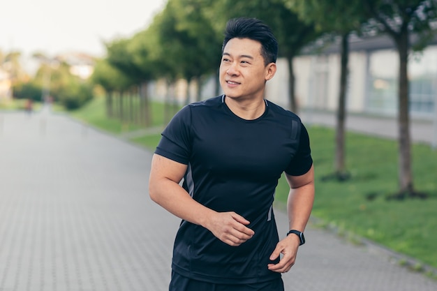 Male asian athlete running in the park in a backpack before work, running in the park near the stadium