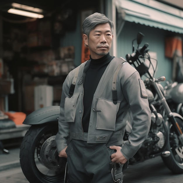 A male Asian biker stands on the street by motorcycles