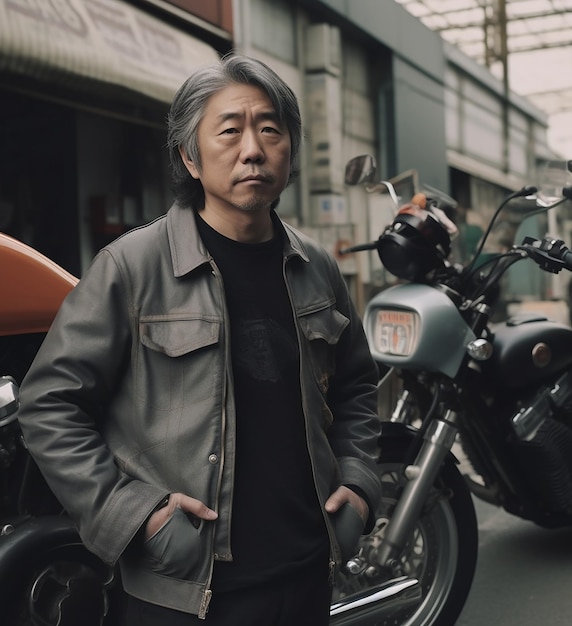 A male Asian biker stands on the street by motorcycles