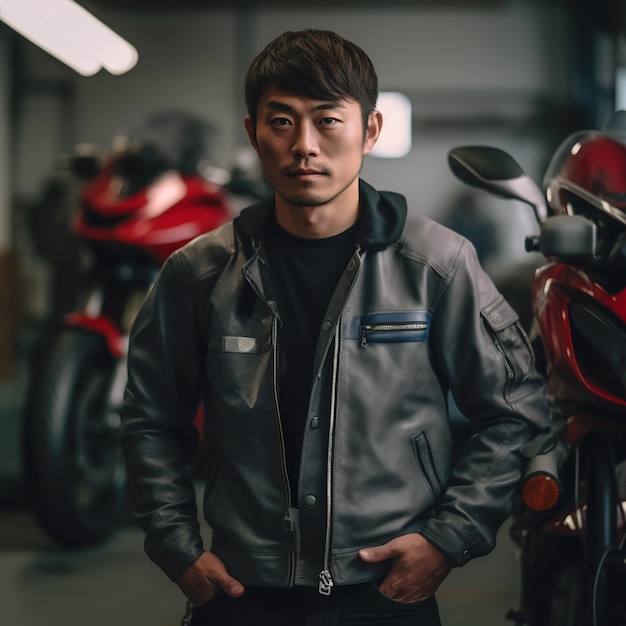 A male Asian biker stands on the street by motorcycles