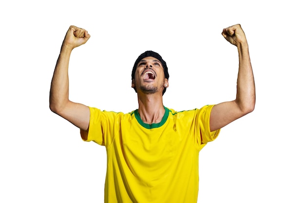 Male athlete or fan in yellow uniform celebrating isolated