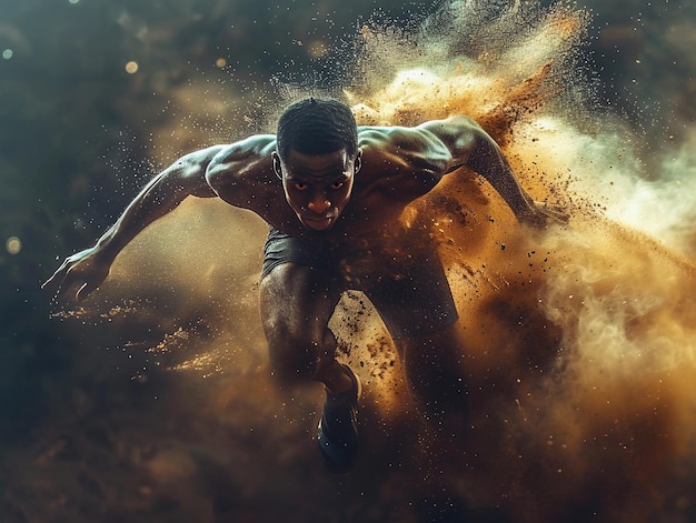 Photo male athlete launching into a sprint at dusk