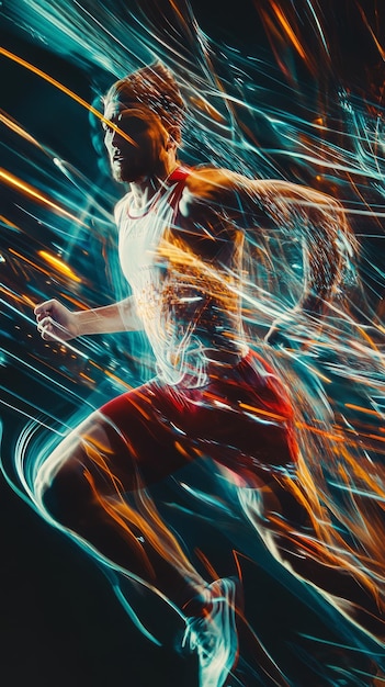 Photo a male athlete runs through a blur of light in a dynamic and energetic pose