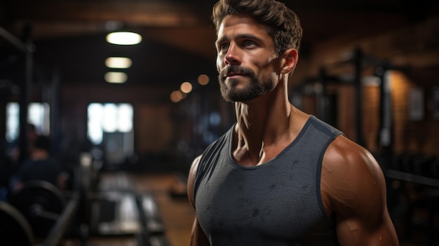 Male athlete standing inside weight equipment in gym