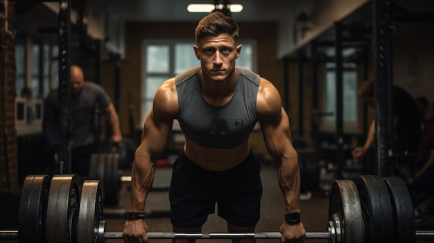 Male athlete standing inside weight equipment in gym