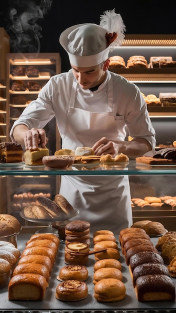 Male baker chef with an apron making delicious baked goods in the bakery g21