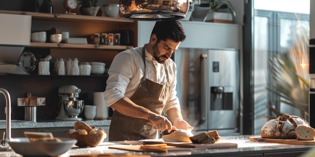 Photo a male baker expertly kneading dough in a cozy kitchen showing his culinary skill aig