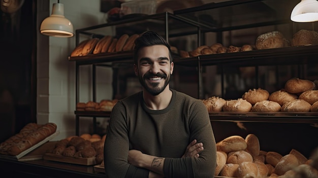 Male bakery owner exuding pride and confidence in a candid shot with his delicious baked goods showcasing his entrepreneurship in the local community Generative AI