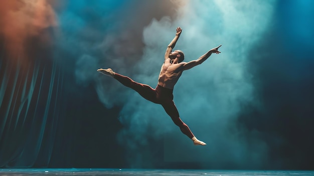 A male ballet dancer leaps through the air on stage arms outstretched in front of a smokefilled backdrop