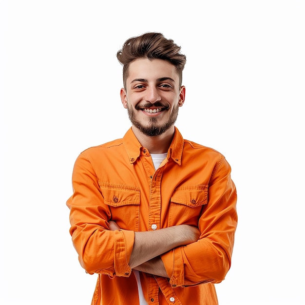 male barber in orange color kit isolated on a white background