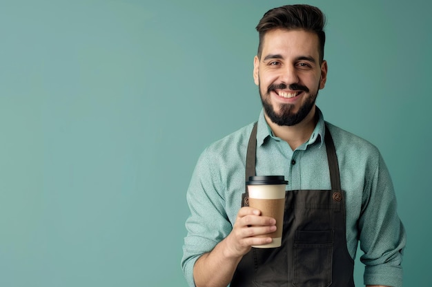 Photo male barista with take away coffee