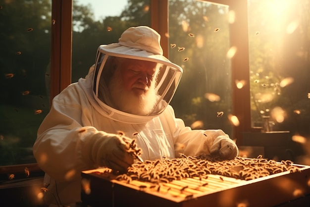 Male beekeeper wearing protective suit checking bee hive man beekeeper holding taking care bee hive