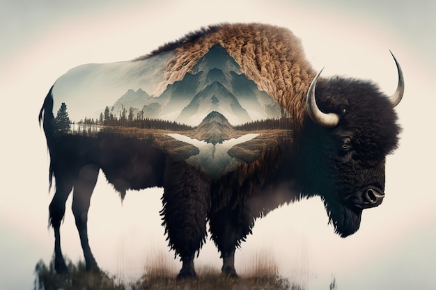 Male bison grazing on grassland with double exposure natural background