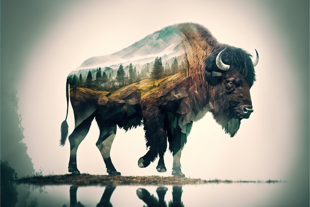 Male bison grazing on grassland with double exposure natural background