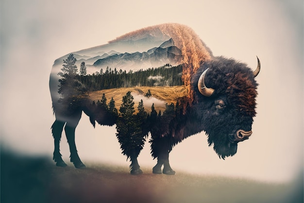 Male bison grazing on grassland with double exposure natural background