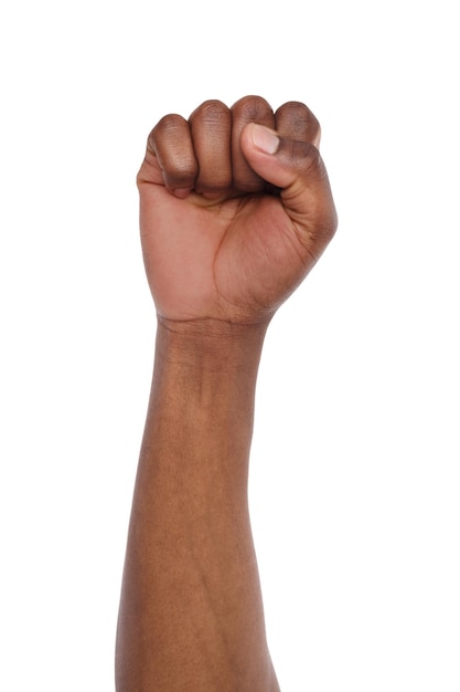 Male black fist isolated on white background. African american clenched hand, gesturing up. Counting, aggression, brave, masculinity concept