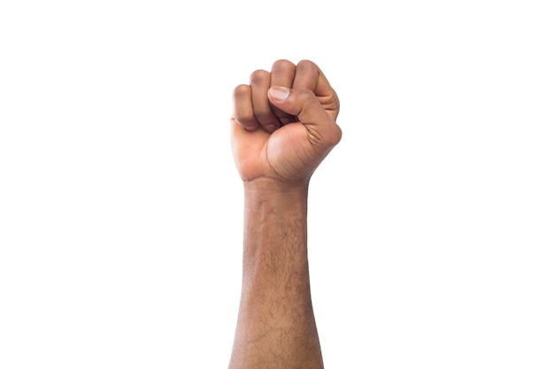 Male black fist isolated on white background. African american clenched hand, gesturing up. Counting, aggression, brave, masculinity concept