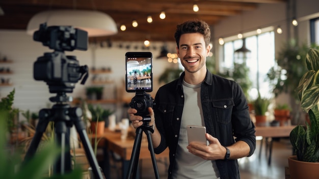 Male blogger recording a video