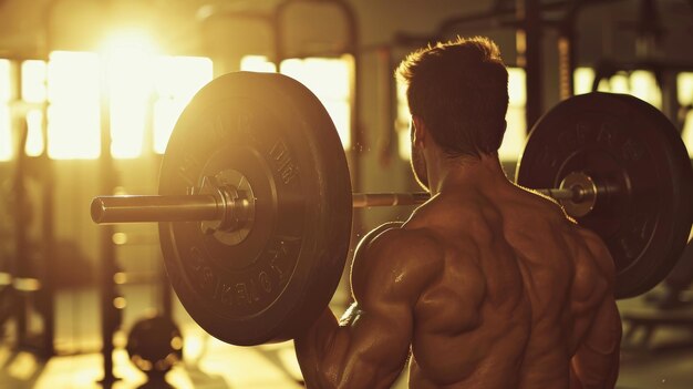 A male bodybuilder lifts a barbell with a heavy weight