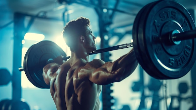 A male bodybuilder lifts a barbell with a heavy weight