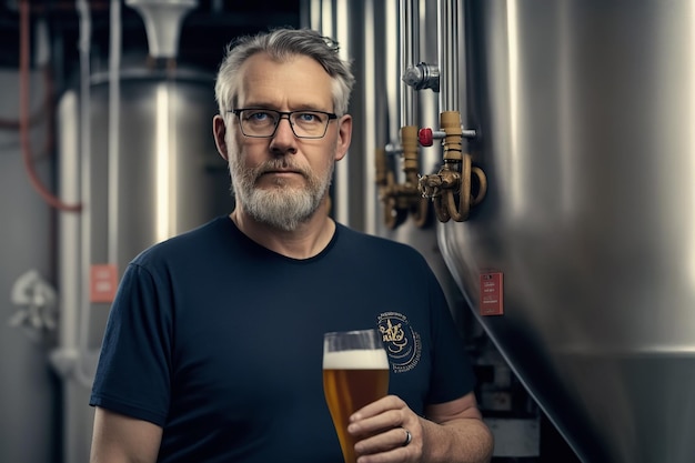 Male brewer with a glass of beer at modern brewery Generative AI