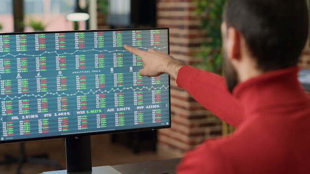 Male broker planning stock market statistics on charts, looking at forex exchange graphs to analyze sales. Investment trader working on financial analysis with statistics. Handheld shot. Close up.