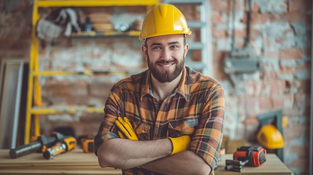 Photo male builder in a helmet with tools at work photo of man constructor for labor day