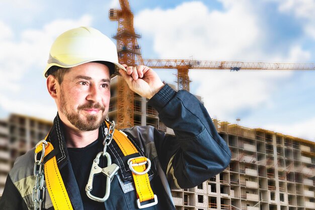 A male builder in a white hard hat against a blurred background of a construction site with a blue sky Positive civil engineer with a beard