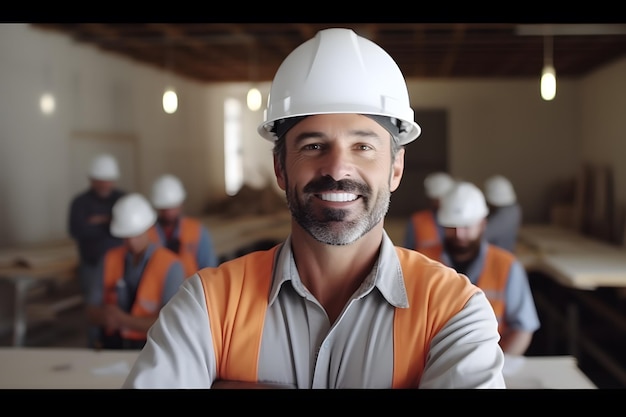 male building contractor worker wearing safety equipment helmet with cunstruction site background