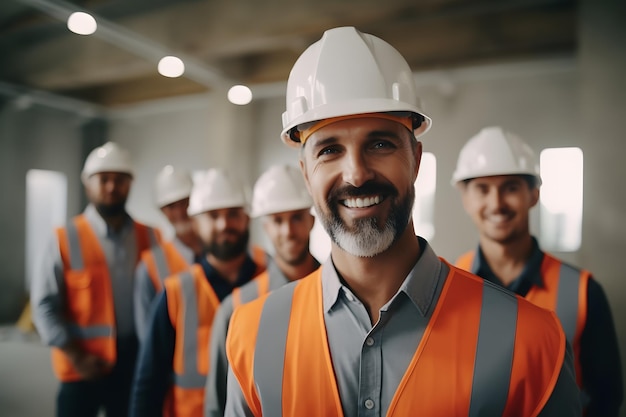 male building contractor worker wearing safety equipment helmet with cunstruction site background