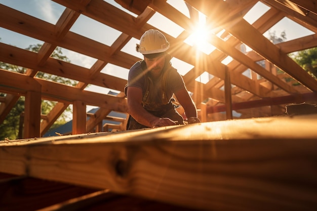 A male building tradesman works on a wooden roof structure with Generative AI