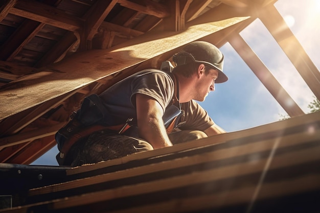 A male building tradesman works on a wooden roof structure with Generative AI