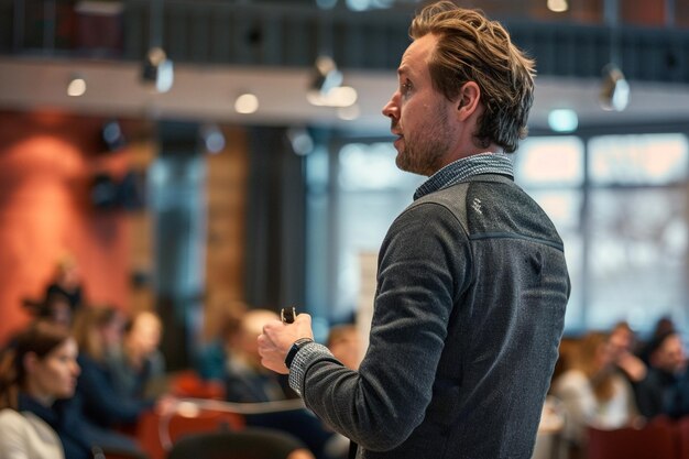 Photo male business speaker giving a talk at business conference event