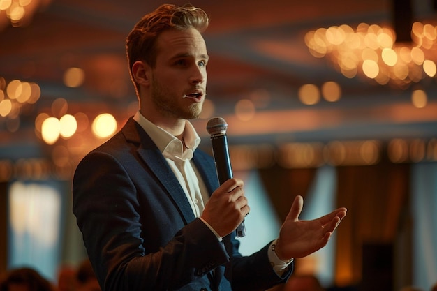 Photo male business speaker giving a talk at business conference event