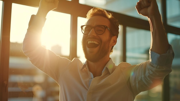 A male businessman in a business suit celebrating with raised hands indicating success