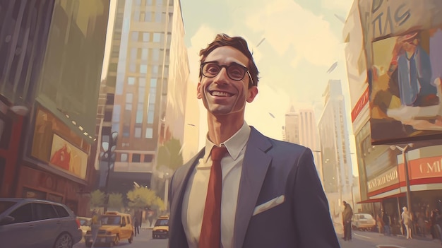 male businessman in the city among highrise buildings