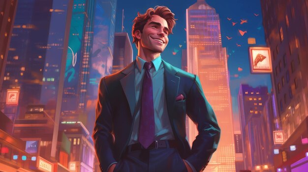 male businessman in the city among highrise buildings