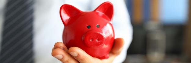 Male businessman hold in hand red little piggybank