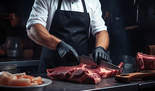 Male butcher expertly slices meat viewed from the front on a dark counter