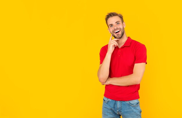 Male casual fashion mens beauty man with bristle in red shirt