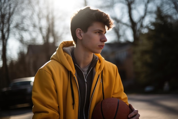 Male Caucasian teenager playing basketball driveway activity Generative AI AIG23