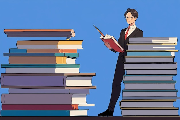 Male Character Teaching Standing with Pointer Near Stack of Books and Scroll