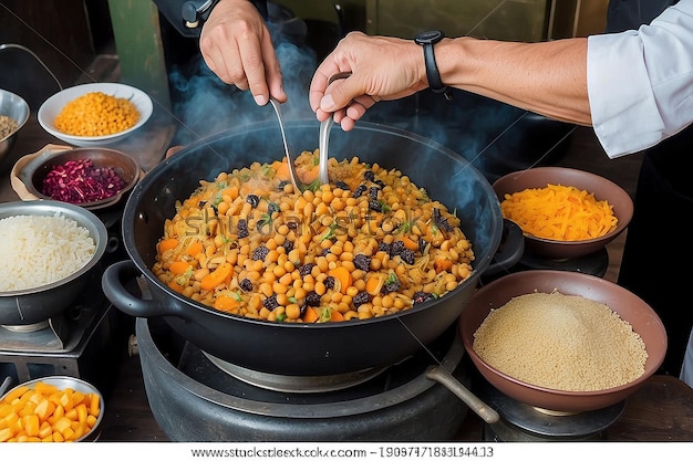 Photo male chef adds raisins to cauldron with chickpeas and yellow carrots for traditional uzbek pilaf in tashkent