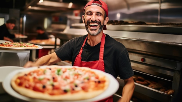 Male chef makes pizza in a restaurant