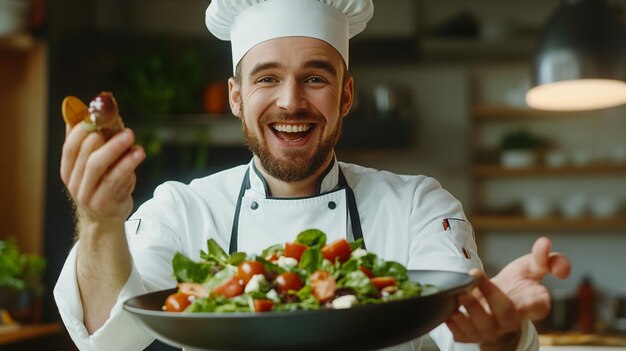 Photo male chef preparing tasty salad in kitchen closeup