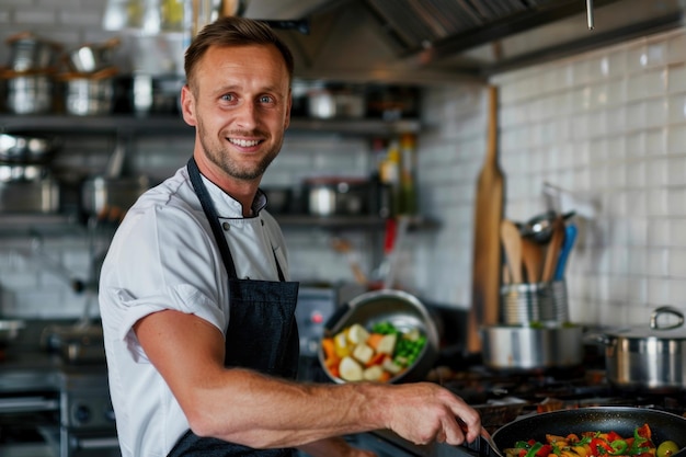 Male chef of restaurant Portrait of man cooking delicious food