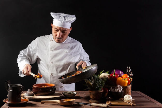 Male chef in white uniform preparing food plate with vegetables