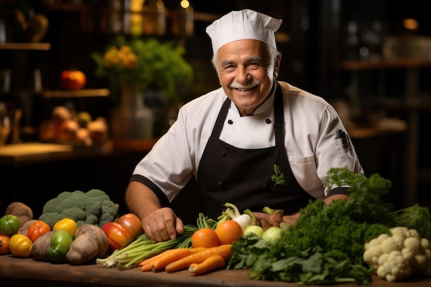 male chef with green vegetables in a restaurant