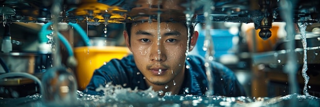 Male Chinese plumber fixing a leaky pipe under the sink with expertise