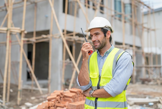 Male civil engineer holding walkie talkie walking to inspection housing estate at construction site